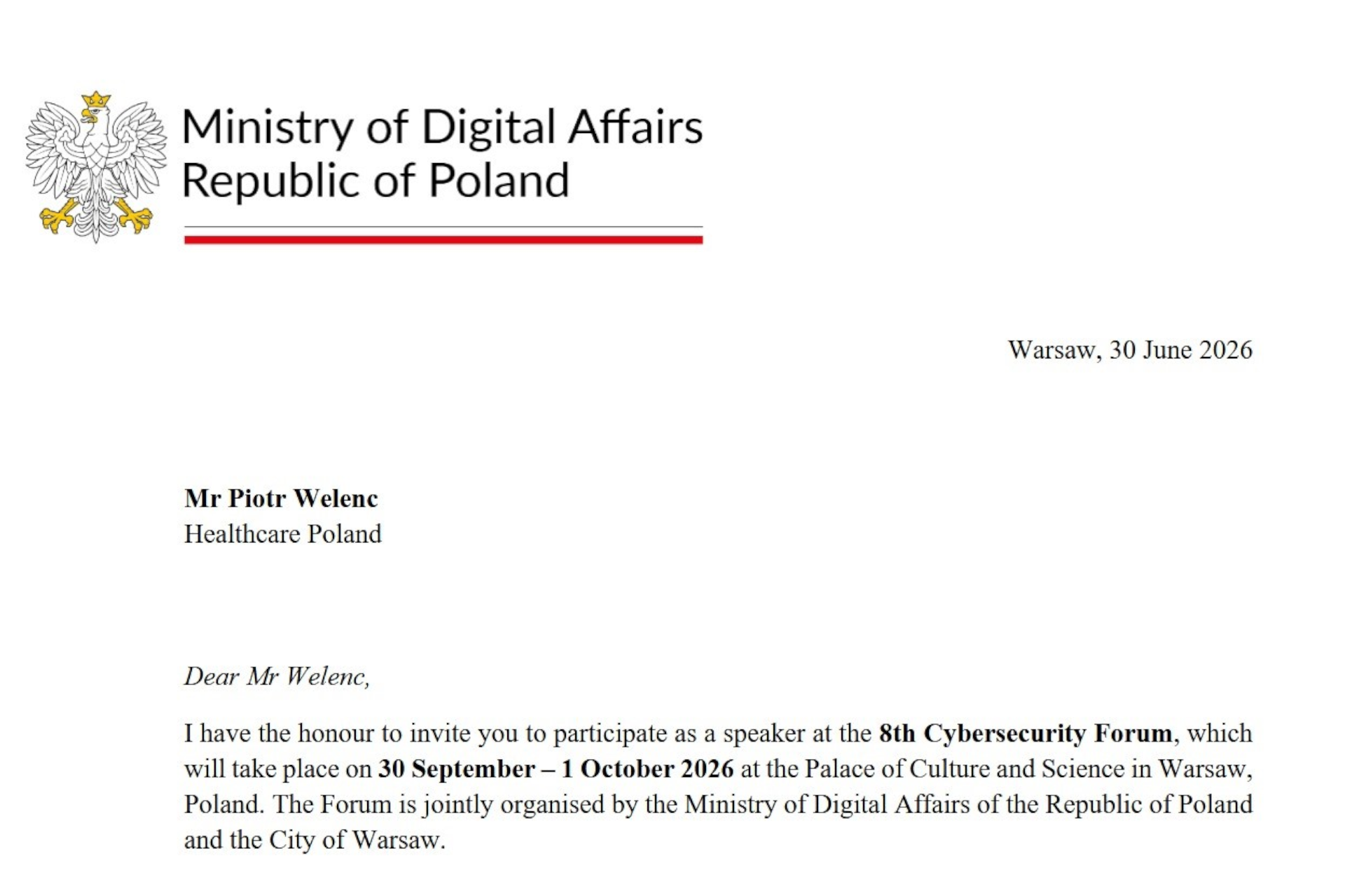 Piotr Welenc Healthcare Poland uczestnik i panelista 8 edycja Forum Cyberbezpieczeństwa 2026 zaproszenie Krzysztof Gawkowski Wicepremier Minister Cyfryzacji grafika HCPL